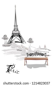 Background with the Eiffel Tower and a bench in the Parisian park. Hand drawn vector illustration.