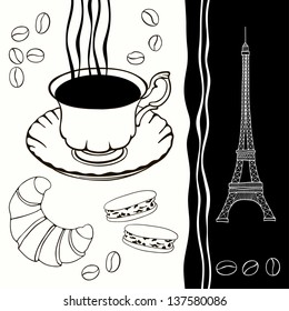 Background  of eiffel tower and traditional breakfast.