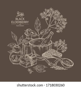 Hintergrund mit Älterbeerschwarz, Holunderbeeren, schwarzen Blumen, Seife und Badesalz. Kosmetische und medizinische Pflanze. Vektorgrafik, handgezeichnet. 
