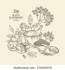 Hintergrund mit Älterbeerschwarz, Holunderbeeren, schwarzen Blumen, Seife und Badesalz. Kosmetische und medizinische Pflanze. Vektorgrafik, handgezeichnet. 