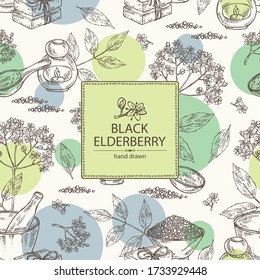 Background with elderberry black, elderberry black flowers, soap and bath salt . Cosmetic and medical plant. Vector hand drawn illustration. 
