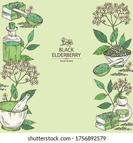 Background with elderberry black, elderberry black flowers, soap and bath salt . Cosmetic and medical plant. Vector hand drawn illustration. 