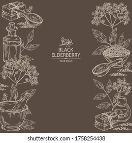 Background with elderberry black, elderberry black flowers, soap and bath salt . Cosmetic and medical plant. Vector hand drawn illustration. 