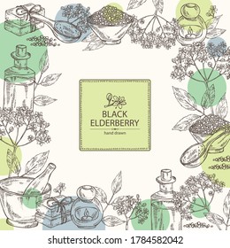 Antecedentes con flores negras de la anciana, flores negras de la anciana, jabón y sal de baño. Planta cosmética y médica. Ilustración dibujada a mano por vectores. 