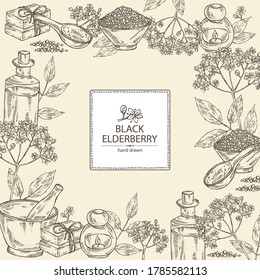 Background with elderberry black, elderberry black flowers, soap and bath salt . Cosmetic and medical plant. Vector hand drawn illustration. 