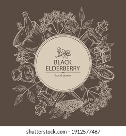 Background with elderberry black, elderberry black flowers, soap and bath salt . Cosmetic and medical plant. Vector hand drawn illustration. 