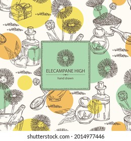 Background with elecampane high: elecampane flower and leaves.. Oil, soap and bath salt . Cosmetics and medical plant. Vector hand drawn illustration