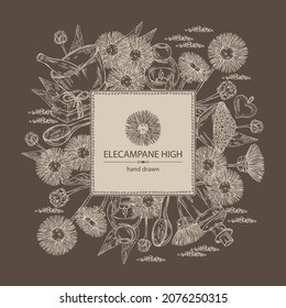 Background with elecampane high: elecampane flower and leaves.. Oil, soap and bath salt . Cosmetics and medical plant. Vector hand drawn illustration