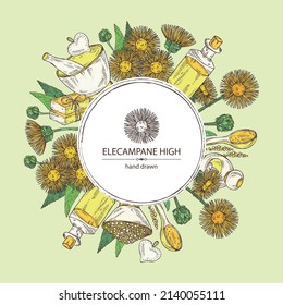 Background with elecampane high: elecampane flower and leaves.. Oil, soap and bath salt . Cosmetics and medical plant. Vector hand drawn illustration