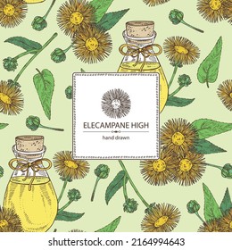 Fondo con alto panel eléctrico: flor electroampano y hojas y botella de aceite esencial elecampano. Cosmética, perfumería y planta médica. Ilustración de vectores a mano