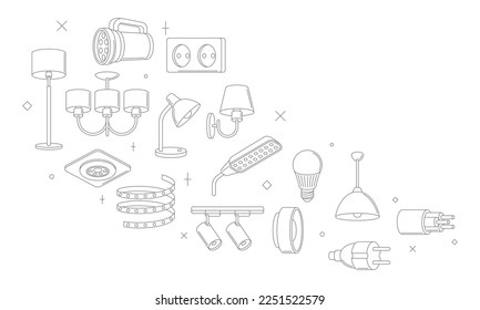 Background with electric lightings and lamps. Electrical equipment. Industrial or business design.