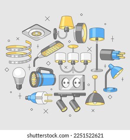 Background with electric lightings and lamps. Electrical equipment. Industrial or business design.
