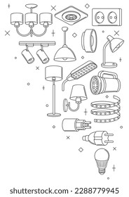 Background with electric lightings and lamps. Electrical equipment. Industrial or business design.