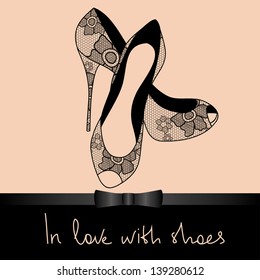 Background of elegance lace pair of shoes with text in love with shoes