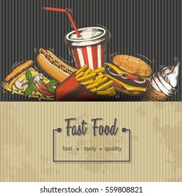 Background with elements of fast food. Sketch, engraving. Vector Hand-drawn food for menu, advertising or packaging.