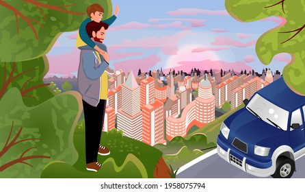 Background with elements of Father's Day.Dad and son on their shoulders stand on the hill and look at the car and the city in the distance and meet the sunrise.City landscape vector illustration.