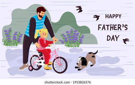 Background with elements of Father's Day.Dad teaches little daughter to ride a bike. Happy family and their puppy have fun.Vector flat style illustration.