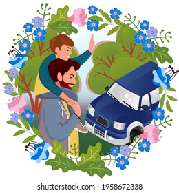 Background with elements of Father's Day.Colorful illustration with dad holding his son on his shoulders, a car and trees and a decorative wreath of flowers and leaves.Isolated objects on white .