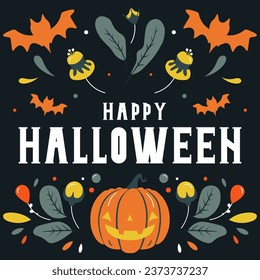 Background with elements pumpkin, leaves, bat, flowers. Illustration for Halloween. Poster for Halloween. 