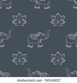 Background with elephants and lotus flowers. Simple monochrome pattern on pastel blue background.