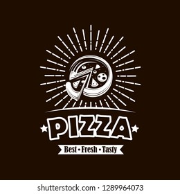 background of emblem with pizza and ribbon