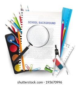 Background with empty paper and school supplies
