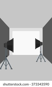 Background of empty photo studio with lighting equipment.