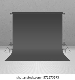 Background of empty photography studio. Backdrop stand (tripods) with black paper backdrop in realistic style. Mock up template. Photo-Studio concept. Vector illustration. EPS 10.