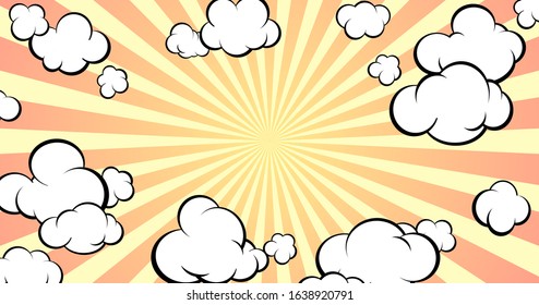 Background with empty space for text or object. Pop art style. Comic style. The sky with clouds. Horisontal format. Vector illustration.