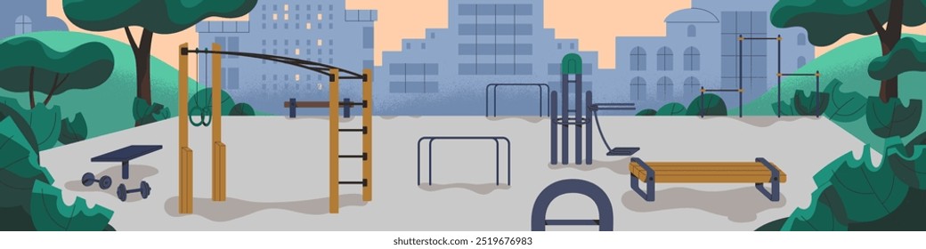 Background with empty sport ground in city park. Playground for street workout. Fitness gym with equipment outdoor. Cityscape with cardio training gears, appliances outside. Flat vector illustration