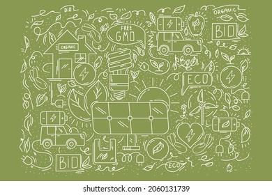 Background energy-saving ecology. Sustainable natural doodle pattern for textiles. Cute poster about solar energy, eco, bio, water, solar battery. Vector illustration