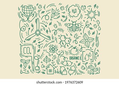 The Background Is Energy-Saving. The icon is a hand-drawn doodle line. The pattern is renewable energy. Cute poster of solar energy, eco, bio, water, carbon, flowers and plants, nature. Vector