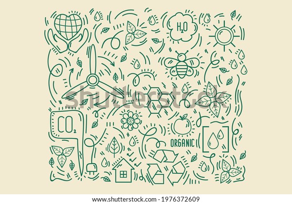The Background Is Energy-Saving. The icon is a\
hand-drawn doodle line. The pattern is renewable energy. Cute\
poster of solar energy, eco, bio, water, carbon, flowers and\
plants, nature. Vector