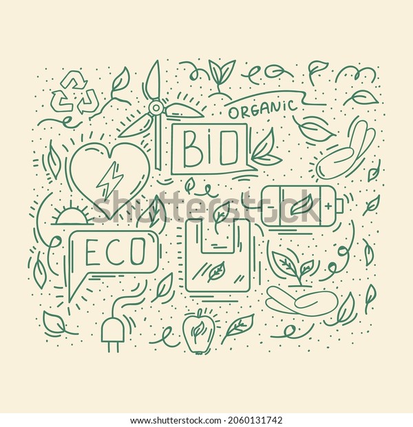 Background energy-saving\
natural doodle. Sustainable poster about solar energy, ecology.\
Organic background with icons for textile background. Vector\
illustration