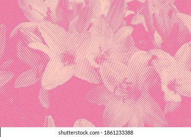 Background with engraved flowers in woodcut style. Vector illustration
