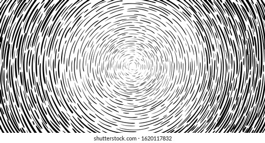 Background engraving of strokes and lines arranged in a circle. Short and long black stripes. Horizontal Graphic Hand drawn vintage sketch with perspective and outgoing Halftone in the center. Vector