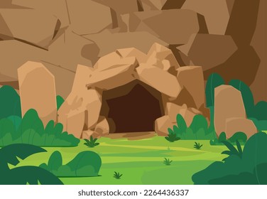 Antecedentes con entrada a la cavidad de piedra o mina de carbón, ilustración vectorial de caricatura plana. Paisaje natural o paisajístico con cueva en montañas y plantas de verano.