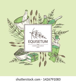 Background with equisetum: plant, escape equisetum, soap and bath salt . Horsetail. Cosmetic and medical plant. Vector hand drawn illustration