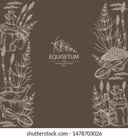 Background with equisetum: plant, escape equisetum, soap and bath salt . Horsetail. Cosmetic and medical plant. Vector hand drawn illustration