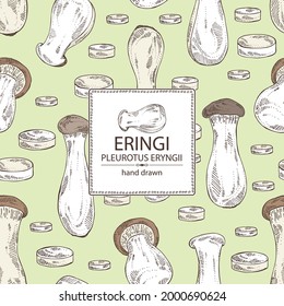 Background with eringi: eringi mushrooms and piece of mushroom. Pleurotus eryngii. Vector hand drawn Mushroom illustrations