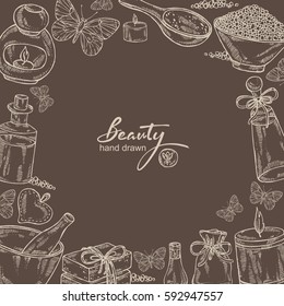 Background with essential oil, bath salt ,soap. Cosmetic and medical objects. hand drawn.