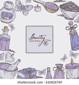 Background with essential oil, bath salt ,soap. Cosmetic and medical objects. hand drawn