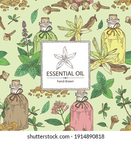 Antecedentes con aceite esencial: aceite esencial del árbol de clótulos, aceite de vainilla, aceite esencial de menta y mirra. Cosmética, perfumería y planta médica. Dibujo manual del vector