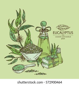 Background with essential oil, soap, bath salt and eucalyptus. Cosmetics and medical plant. hand drawn