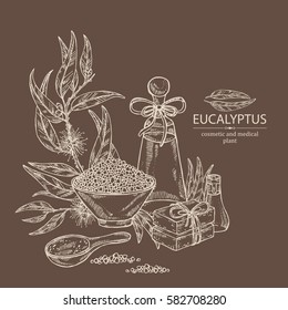 Background with essential oil, soap, bath salt and eucalyptus. Cosmetics and medical plant. hand drawn