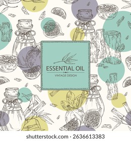 Background with essential oils: bamboo essential oil, figs oil, yuzu and agar wood  essential oil. Cosmetic, perfumery and medical plant. Vector hand drawn illustration.
