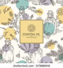 Fondo con aceites esenciales: aceite de caléndula, aceite esencial de tomillo, aceite de verbena, abeto. Cosmética, perfumería y planta médica. Ilustración dibujada a mano por el vector