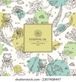 Background with essential oils: lotus flowers essential oil, angelica sinensis root, lemongrass plant oil, houttuynia flowers essential oil. Cosmetic, perfumery and medical plant.