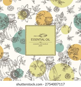 Background with essential oils: passiflora flowers oil, larix oil, hedera , polianthes tuberosa essential oil. Cosmetic, perfumery and medical plant. Vector hand drawn illustration