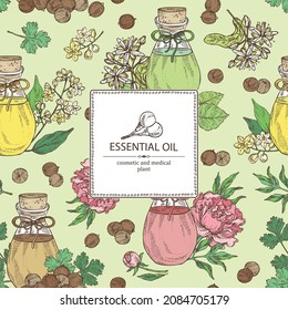 Aceites esenciales de fondo: aceite esencial de flores de peón, árbol de campano, aceite de flores de linden, aceite esencial de cilantro. Cosmética, perfumería y planta médica. Ilustración dibujada a mano por vectores.